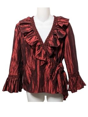 JACKIE JON Crinkle Lace Wrap Front Ruffle Blouse 6